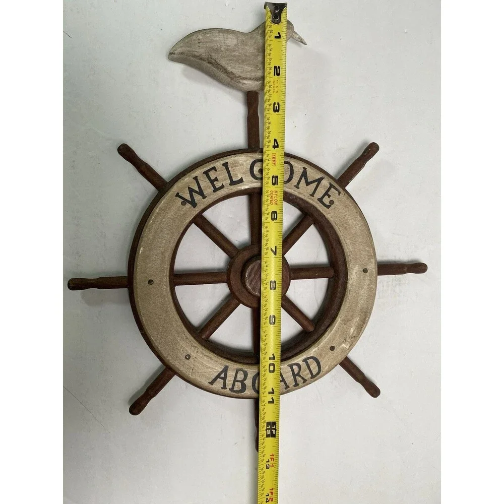 Welcome Aboard Nautical Wood Sign, Ship Wheel, Seagull Beach Decor 12x10
